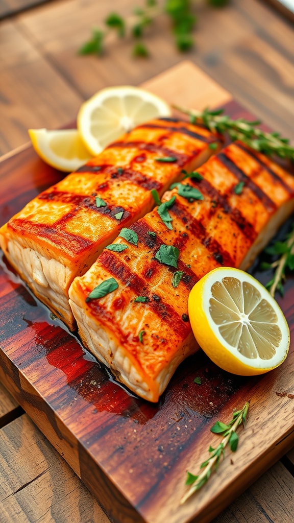 Grilled salmon on a cedar plank with herbs and lemon, set on a rustic wooden table.